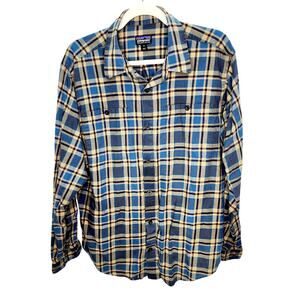 Patagonia Organic Cotton Men's Blue & Tan Plaid  Button Front Flannel Shirt M